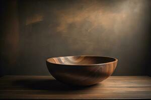 Empty wooden bowl on wooden background. Top view. Copy space. ai generative photo