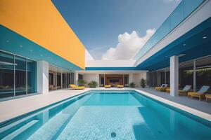 Swimming pool in a modern villa with blue and yellow walls. generative ai photo