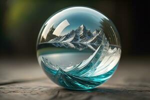 Transparent crystal ball on a wooden table. ai generative photo