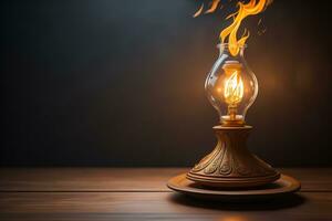 Burning kerosene lamp on a wooden table and dark background. photo