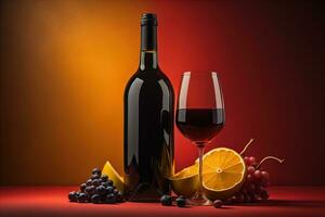 bottle and glass of red wine with grape and orange on red background. generative ai photo