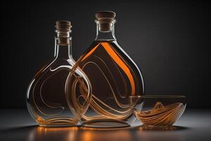 Two bottles of cognac or brandy on dark background. photo