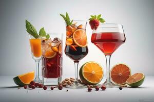 Glasses of sangria with fruits and berries on solid color background. ai generative photo