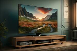 televisión en el de madera gabinete en moderno vivo habitación. ai generativo foto