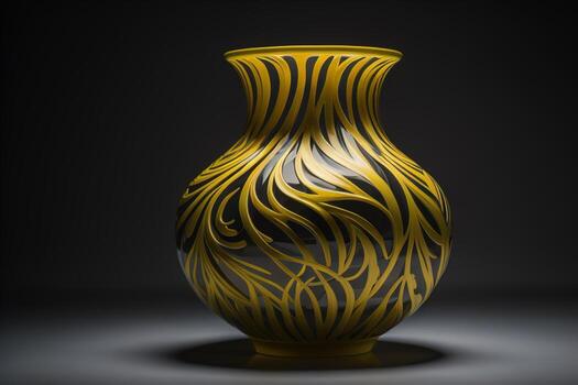 Clay vase with gold pattern on dark background. photo
