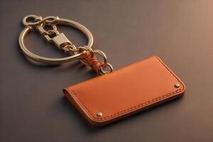 Leather keychain on dark background with copy space. photo