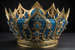 low key image of beautiful golden queen, king crown. ai generative photo