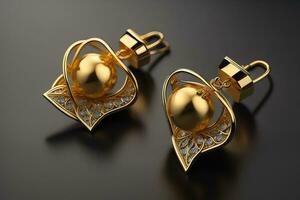 Earrings made of gold on a solid color background close up. ai generative photo