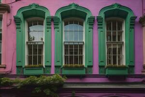 vistoso ventanas de un típico casa en el ciudad, ai generativo foto