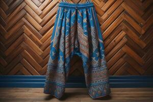 Thai silk pant in front of a wooden wall in the interior. generative ai photo