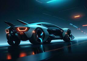 Futuristic black sports car in neon light. ai generative photo