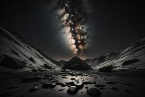 Fantasy alien planet. Mountain and sky with stars. generative ai photo