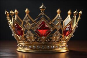 Gold crown with red gems on a dark background. photo
