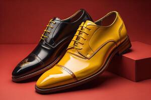 Golden man's shoes isolated on red background. photo