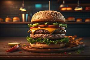Big tasty hamburger on wooden table. ai generative photo