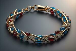 Jewelry Bracelet with precious stones on a gray background. Studio shot. ai generative photo