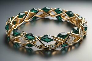 Jewelry Bracelet with precious stones on a gray background. Studio shot. ai generative photo