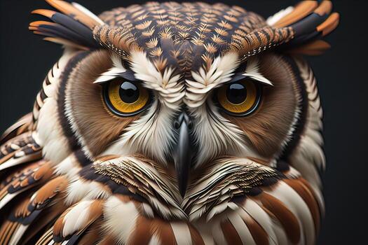 Owl with yellow eyes on a solid background. ai generative photo