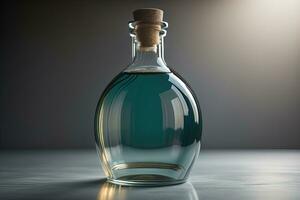 Bottle with a liquid on a solid color background. ai generative photo