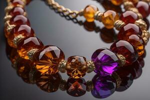 Colorful precious stones necklace on a black background in close-up. ai generative photo