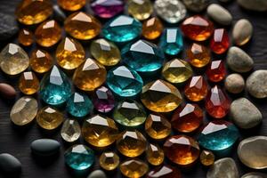 Colorful gemstones on black wooden table, close-up. ai generative photo