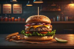 Big tasty hamburger on wooden table. ai generative photo