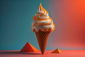 Ice cream in waffle cone on blue background, top view, flat lay. ai generative photo