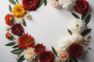 Flowers composition. Frame made of flowers on white background. Flat lay, top view, copy space. generative ai photo