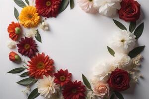 Flowers composition. Frame made of flowers on white background. Flat lay, top view, copy space. photo