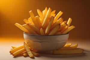 French fries in a bowl on a brown background. Close up. generative ai photo