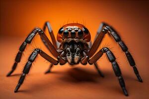 jumping spider closeup on solid color background, copyspace. ai generative photo