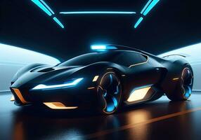Futuristic black sports car in neon light. ai generative photo
