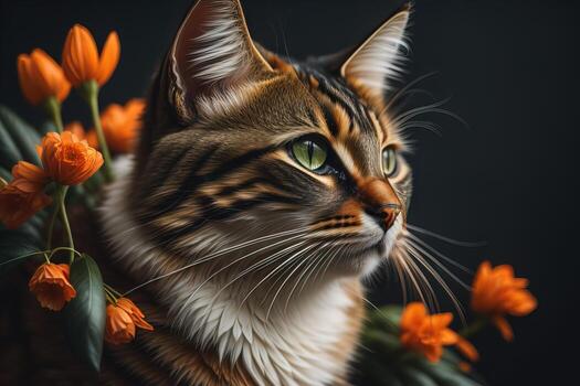 Portrait of a beautiful cat with orange flowers on a black background. photo