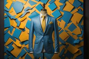 Stylish suits on mannequins on solid color background, closeup. ai generative photo