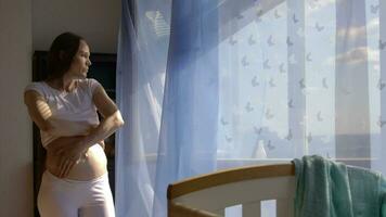 uma grávida mulher em pé dentro frente do uma janela video