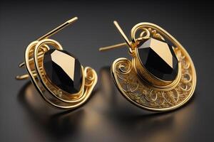 Golden earrings with black stones on a black background. generative ai photo