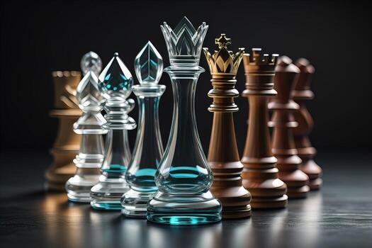 glass chess pieces on a dark background, the concept of business strategy. ai generative photo