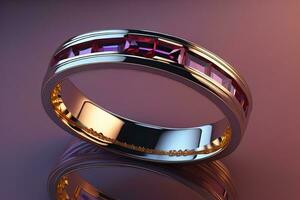 Wedding ring with diamonds on a solid color background. Jewelry. ai generative photo