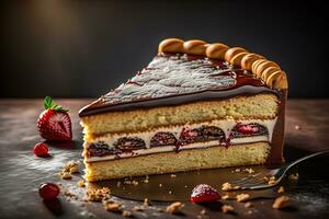 Cheesecake on a black plate. Toned. ai generative photo