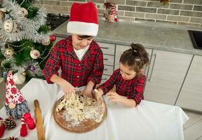 Top view of handsome children cooking together in the home kitchen during Christmas holidays. Charming preadolescent boy in Santa hat and his cute little sister preparing and kneading dough for bread photo