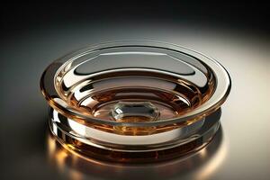 Empty glossy transparent ashtray on a dark background. ai generative photo