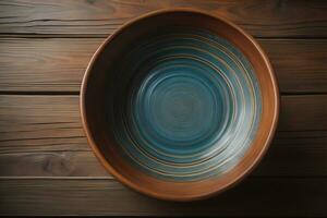 Empty wooden bowl on wooden background. Top view. Copy space. ai generative photo