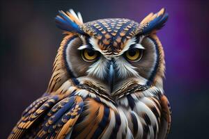 Owl with yellow eyes on a solid background. ai generative photo