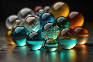 Colorful glass marbles on a the table. Selective focus. ai generative photo