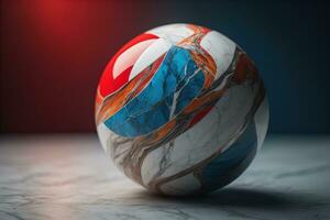 Colorful marble ball on a solid colour background. Close-up. ai generative photo