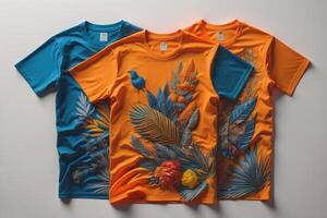 T-shirt with tropical leaves on grey background. photo