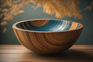 Empty wooden bowl on wooden background. Top view. Copy space. ai generative photo