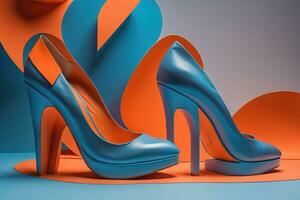 High-heeled shoes on a blue background. generative ai photo