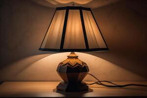 Lamp on the wooden table in the room. generative ai photo