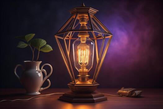 Clásico queroseno lámpara en de madera mesa. generativo ai foto